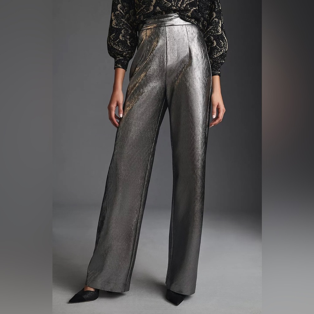 Anthropologie Hutch Silver Metallic Wide Leg Trouser Pants Size‎ Small NWT NYE